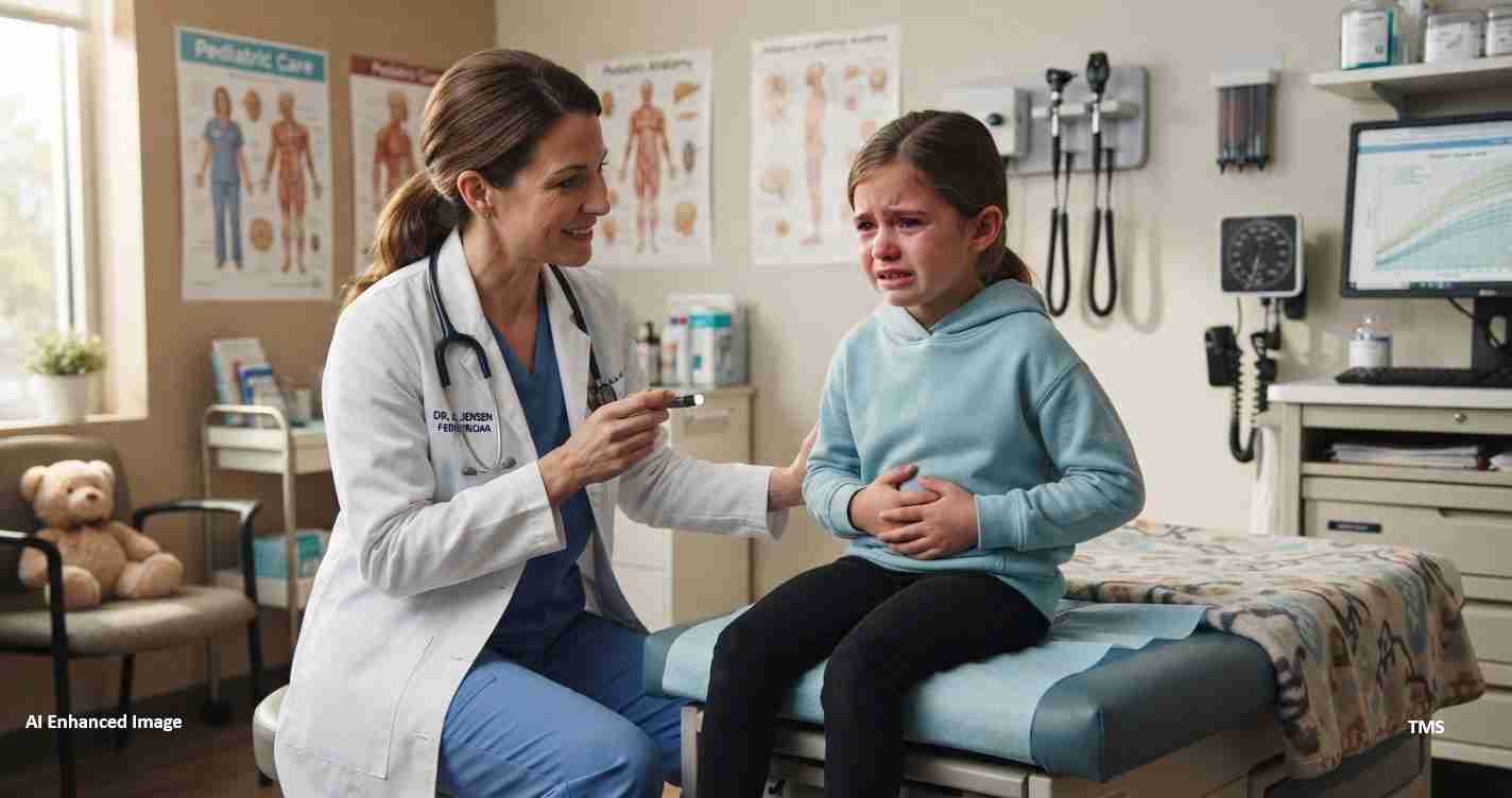 Doctor in a white coat comforting a crying girl during a medical exam in a clinic.