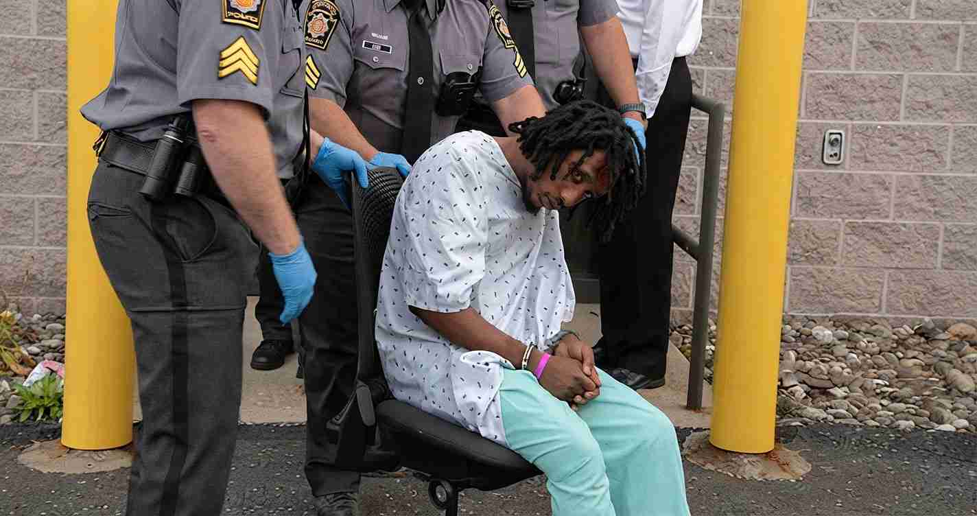 Man in a hospital gown sits in a chair while uniformed officers with gloves escort him outside a building.
