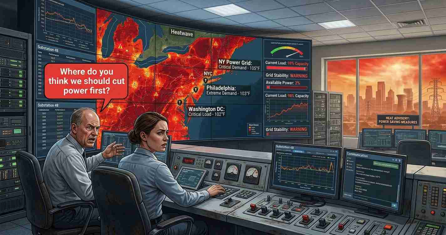 Control room with a large map showing a heatwave and power grid status; two operators discuss, bubble reads: 'Where do you think we should cut power first?'