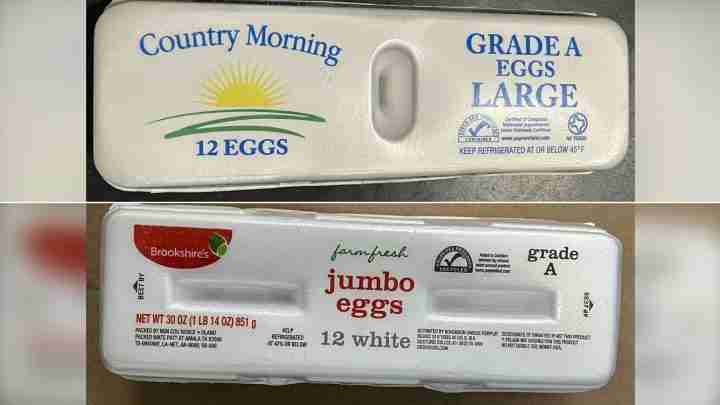 Two egg cartons shown, one labeled 'Country Morning 12 EGGS' with Grade A Large eggs, the other 'jumbo eggs 12 white' from Brookshire's.