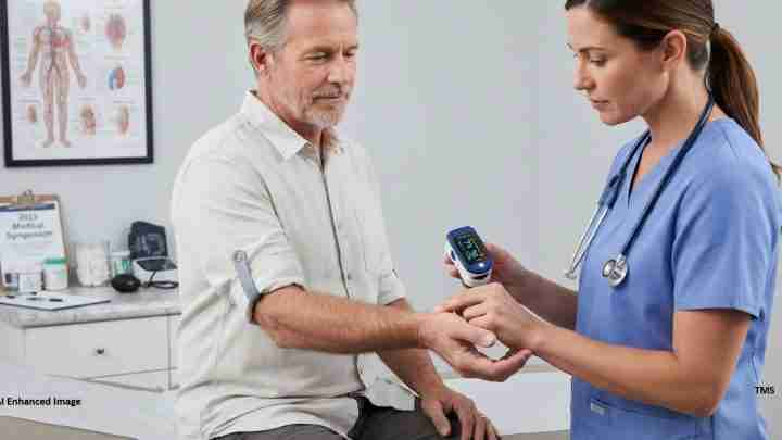 Nurse in blue scrubs checks a patient's blood pressure with a handheld digital monitor on the patient's forearm.