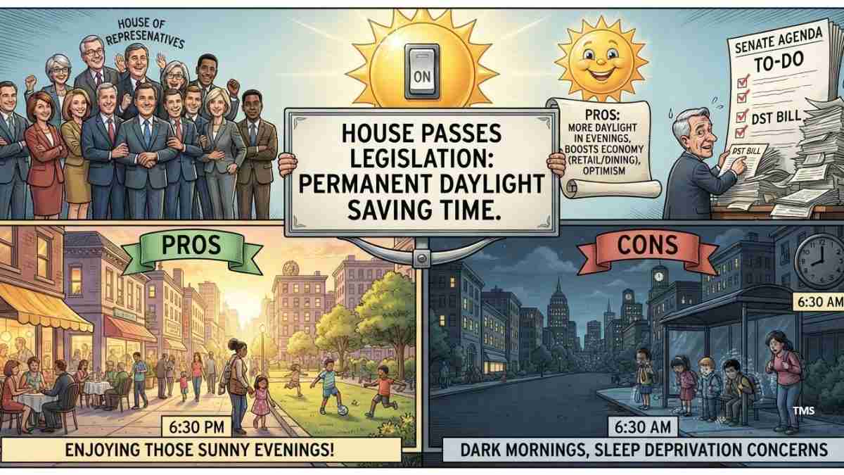 Comic panel about permanent daylight saving time: House passes legislation with sunny symbols; pros and cons shown.