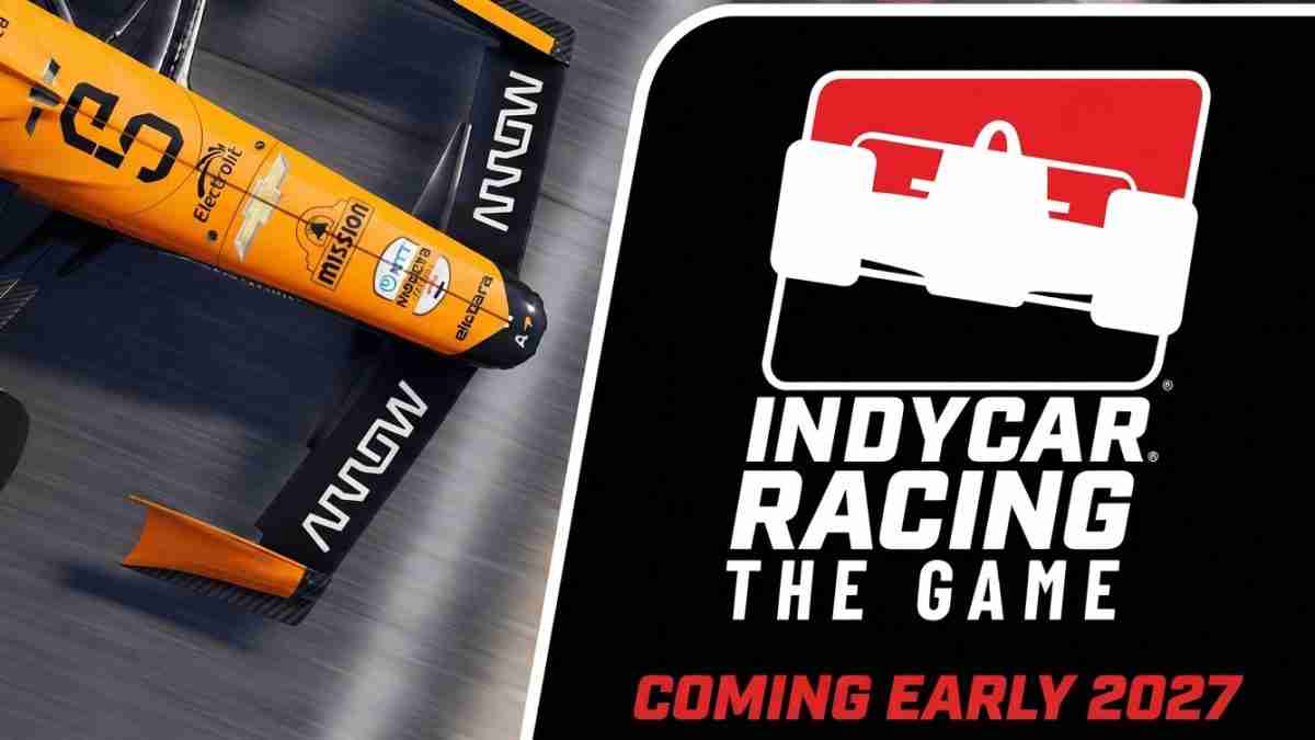 Orange IndyCar nose on a track, angled left, beside the 'IndyCar Racing: The Game' logo and 'Coming Early 2027' text on black panel.
