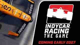 Orange IndyCar nose on a track, angled left, beside the 'IndyCar Racing: The Game' logo and 'Coming Early 2027' text on black panel.