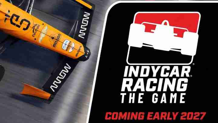 Orange IndyCar nose on a track, angled left, beside the 'IndyCar Racing: The Game' logo and 'Coming Early 2027' text on black panel.