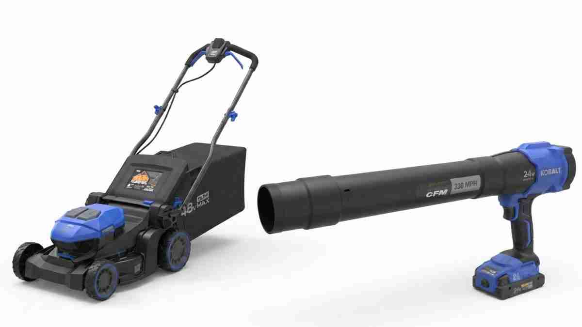 Cordless push lawn mower with blue accents attached to a long black leaf blower tube, both powered by batteries on the units
