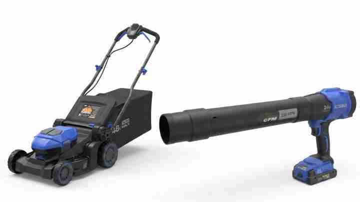 Cordless push lawn mower with blue accents attached to a long black leaf blower tube, both powered by batteries on the units