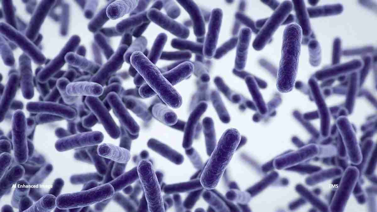 Purple rod-shaped bacteria suspended in a light blue medium, viewed under magnification (informative micrograph).