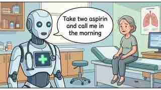 Robot doctor in a clinic exam room tells an elderly woman, 'Take two aspirin and call me in the morning.' In the background: medical posters and equipment.