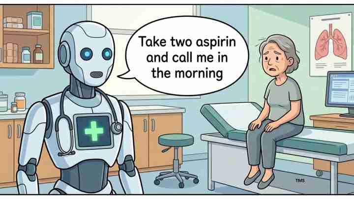 Robot doctor in a clinic exam room tells an elderly woman, 'Take two aspirin and call me in the morning.' In the background: medical posters and equipment.