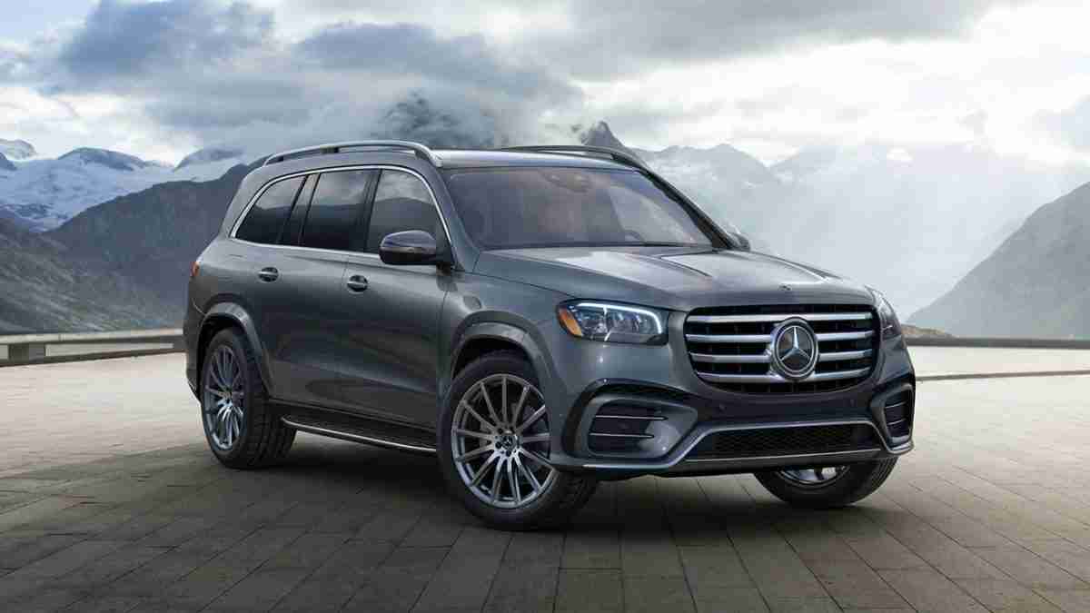 Silver Mercedes-Benz SUV parked on a tiled surface with snow-capped mountains in the background at a scenic overlook.