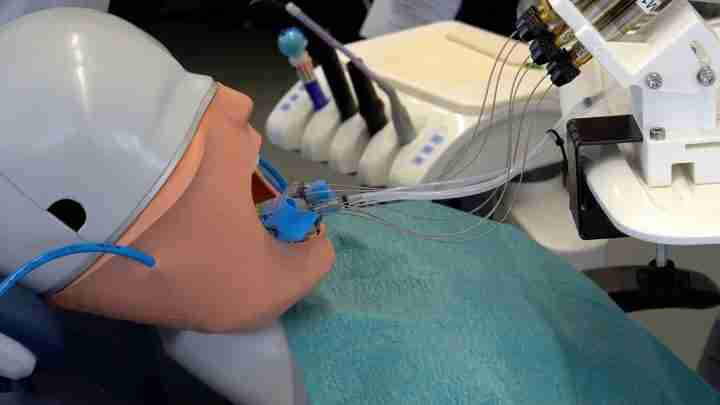 Medical training mannequin with endotracheal tube and ventilator tubing for airway management practice