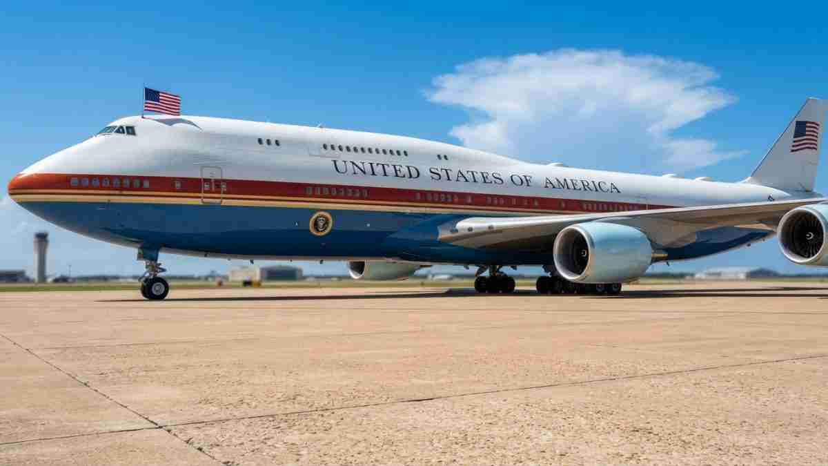 Presidential aircraft on a sunlit tarmac, white fuselage with red/blue stripe and 'UNITED STATES OF AMERICA' lettering, American flag on tail.