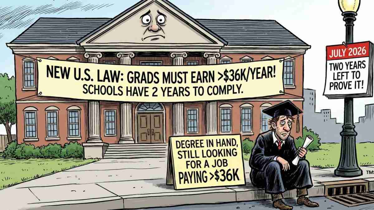 Cartoon of a brick government-style building with a banner declaring grads must earn over $36K/year; a sad graduate sits with a diploma nearby.