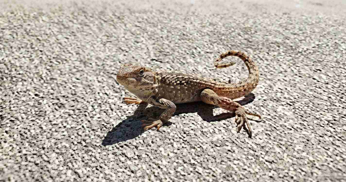 Small lizard with a patterned brown body on a gravel surface, facing left.