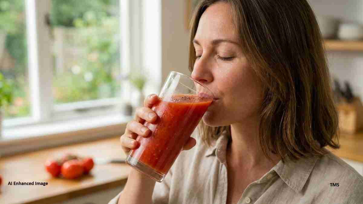 Woman drinking a tall glass of red juice in a bright kitchen, eyes closed in savoring the moment.