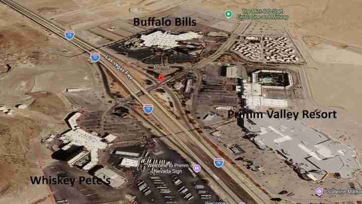 Satellite view of Primm, Nevada showing Whiskey Pete's, Primm Valley Resort, Buffalo Bills hotel, and I-15 nearby highways.
