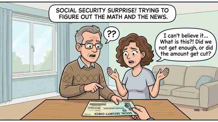 Older couple at a living room table examine a Social Security document, looking worried about possible benefit cuts.
