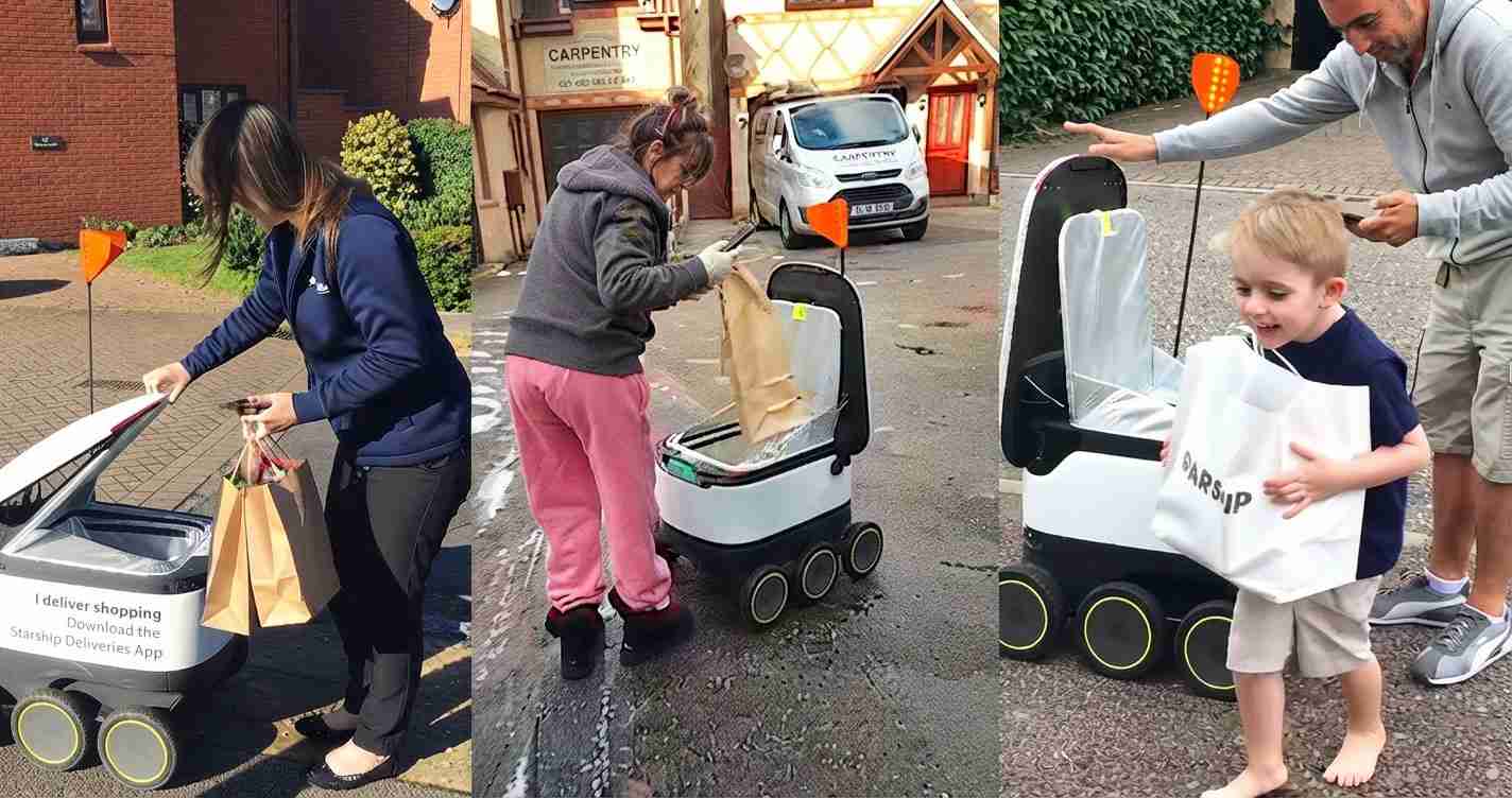 People load groceries into a small autonomous delivery robot on a suburban street outside homes and shops.