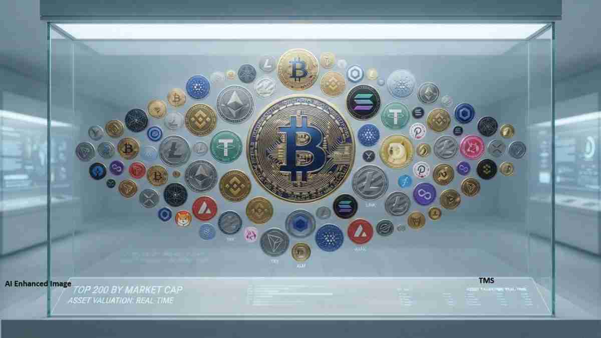 Center image of a large Bitcoin coin surrounded by many smaller cryptocurrency coins in a glass display case, highlighting Bitcoin as the focal point.