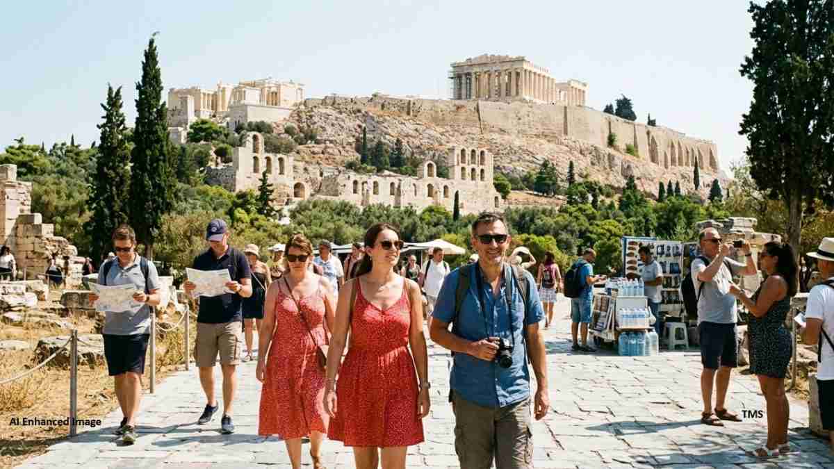 Group of tourists walking along a ancient stone path with the Parthenon on a hill in the background on a sunny day.