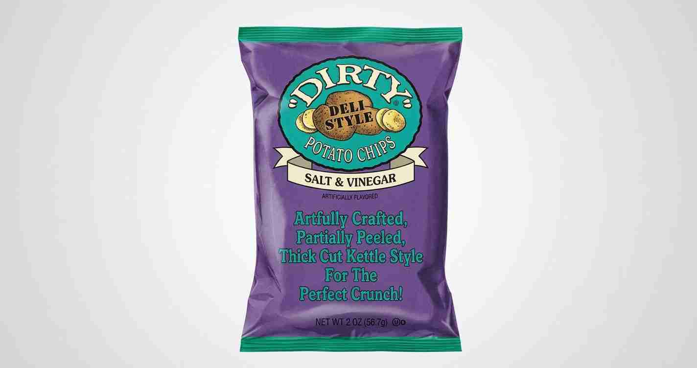 Purple bag of Dirty Dell Style Salt & Vinegar potato chips against a pale background, featuring teal and cream label graphics on the bag