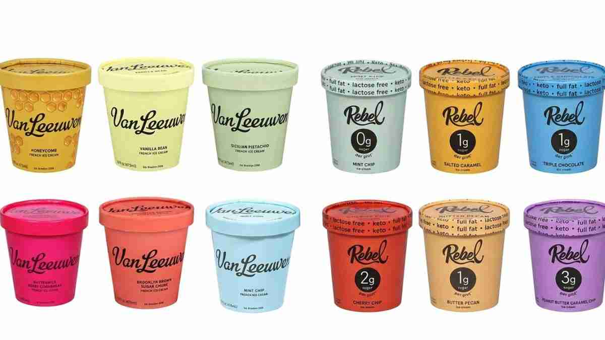Twelve Van Leeuwen ice cream cups in various pastel and bright colors, arranged in two rows on a white background.