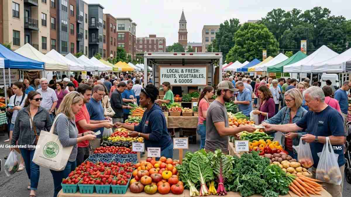 Busy outdoor farmers market with colorful produce stalls, shoppers, and white tents lining the street, a central truck displaying local goods.