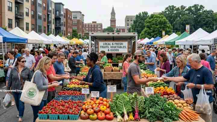 Busy outdoor farmers market with colorful produce stalls, shoppers, and white tents lining the street, a central truck displaying local goods.