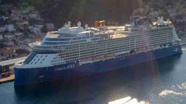 Celebrity Apex cruise ship docked in a harbor, with a coastal town in the background.