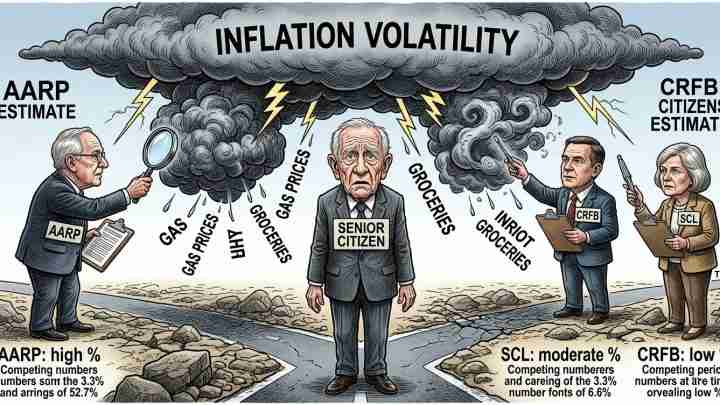 Cartoon showing a central elderly man under a dark cloud labeled 'Inflation Volatility' as two policy officials (AARP on left, CRFB on right) point at falling prices like gas, groceries, and other costs raining down.