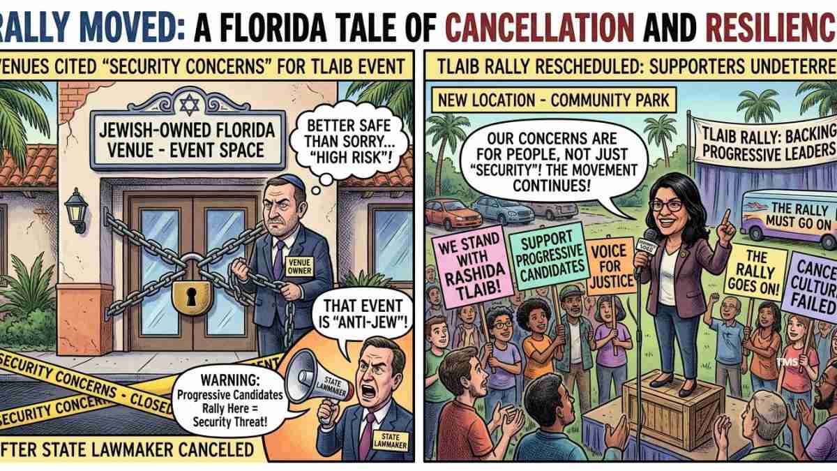 Two-panel political cartoon: left panel shows a secured, taped-off Jewish-owned Florida venue with a clenched official and a warning banner; right panel shows a new park rally with a speaker on a podium and supporters holding signs like 'We stand with Rashida Talib', 'Support progressive candidates', 'Voice for justice', and 'The rally goes on'.