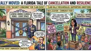 Two-panel political cartoon: left panel shows a secured, taped-off Jewish-owned Florida venue with a clenched official and a warning banner; right panel shows a new park rally with a speaker on a podium and supporters holding signs like 'We stand with Rashida Talib', 'Support progressive candidates', 'Voice for justice', and 'The rally goes on'.