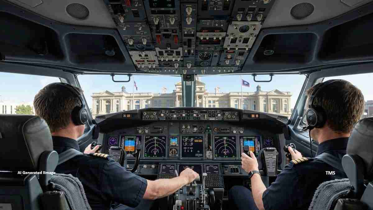 Inside cockpit of a commercial airliner with two pilots wearing headsets, facing the instrument panel and controls; terminal building visible through the windshield