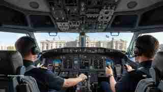 Inside cockpit of a commercial airliner with two pilots wearing headsets, facing the instrument panel and controls; terminal building visible through the windshield