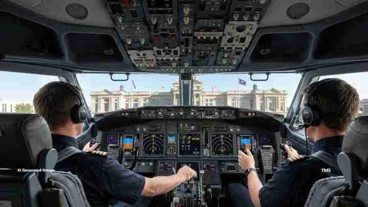 Inside cockpit of a commercial airliner with two pilots wearing headsets, facing the instrument panel and controls; terminal building visible through the windshield
