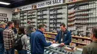 Customers at a gun shop counter, a clerk handling paperwork, with rifles displayed on wall racks behind them.