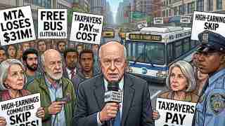 Crowded city protest about transit costs, protesters hold signs demanding fare-free buses and lower costs with a bus in the background and a reporter at center stage.