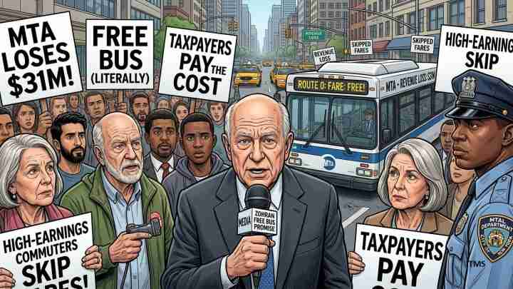 Crowded city protest about transit costs, protesters hold signs demanding fare-free buses and lower costs with a bus in the background and a reporter at center stage.