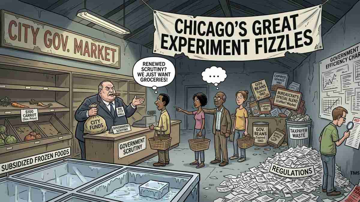 Political cartoon of a city market where an official hands out 'City Funds' and 'Government Scrutiny' while citizens line up among 'Regulations' piles and signs for 'Subsidized Frozen Foods'.