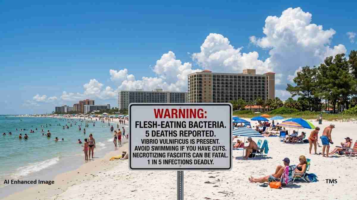 Beach scene with a large warning sign about flesh‑eating bacteria on the shore as people swim and sunbathe nearby under a blue sky.