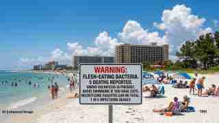 Beach scene with a large warning sign about flesh‑eating bacteria on the shore as people swim and sunbathe nearby under a blue sky.